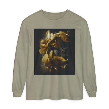 Sandstone long-sleeve shirt featuring a golden floral graphic and the phrase “Beauty will save the world,” inspired by Dostoevsky and original photography, glorifying Jesus Christ, Universal Creator & King.