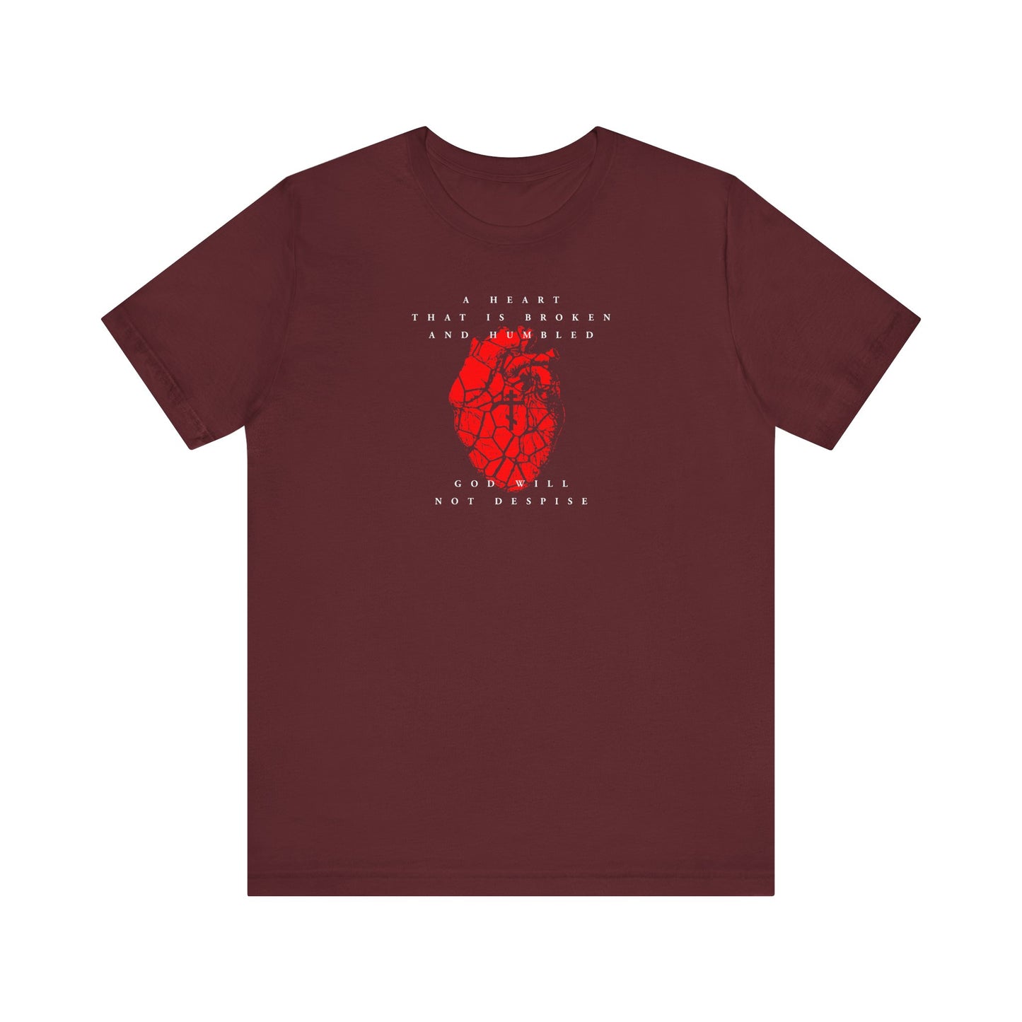 Maroon unisex t-shirt with a cracked heart and Orthodox cross graphic, white text “Psalm 50” above and “A Heart That is Broken and Humbled God Will Not Despise” below; lightweight cotton.
