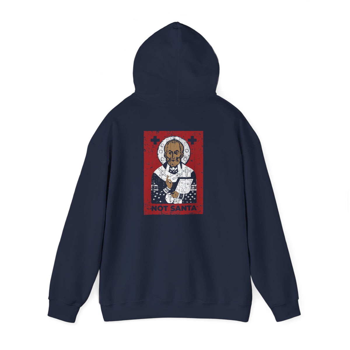Navy blue St Nicholas of Myra | Definitely Not Santa | Striker of Arius, Defender of Orthodoxy hoodie with icon design.