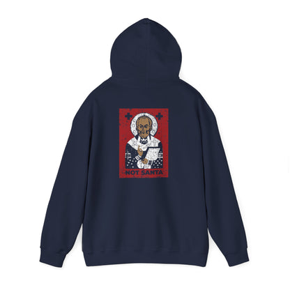 Navy blue St Nicholas of Myra | Definitely Not Santa | Striker of Arius, Defender of Orthodoxy hoodie with icon design.
