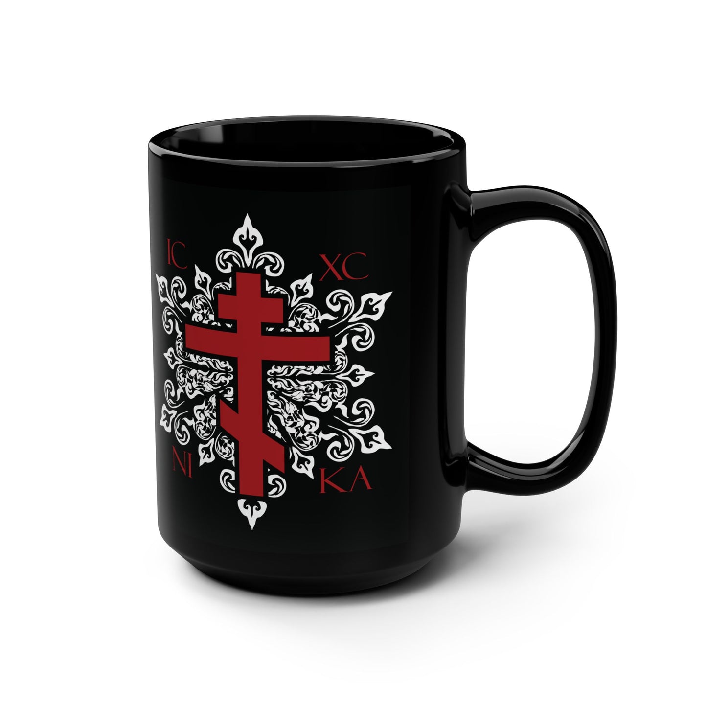 ICXC / NIKA Red Orthodox Cross on Ornate White Medieval Floral Design | Exclusive Best-Selling | Orthodox Christian Black Mug
