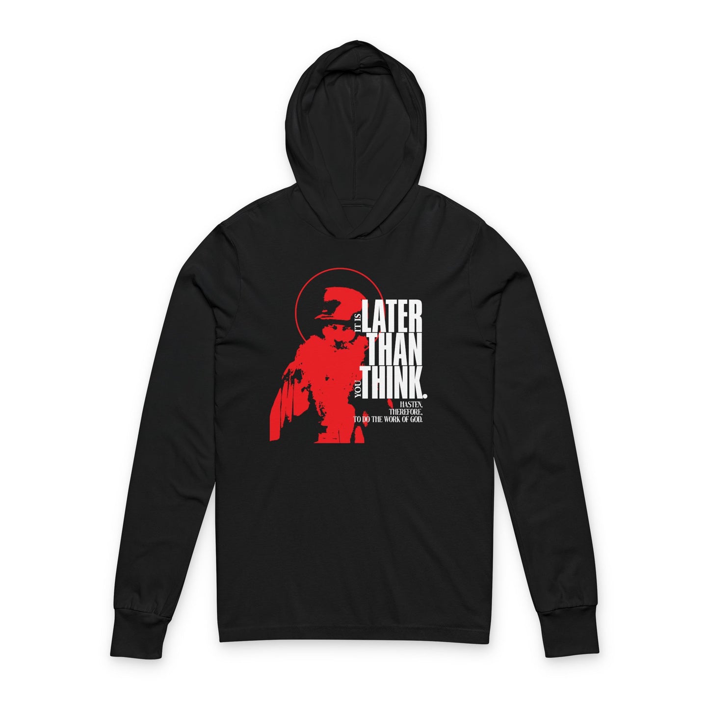 Black "It's Later Than You Think" Seraphim Rose long sleeve cotton hoodie in minimal red design with halo, featuring apocalyptic ethos and Christian inspiration. Color: Black.