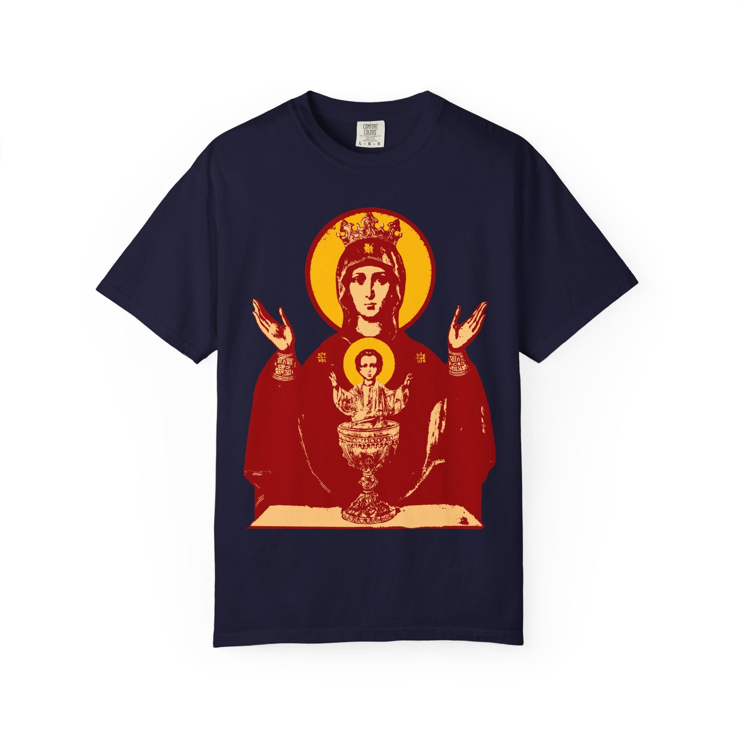 True Navy heavyweight cotton unisex t-shirt featuring a stylized religious iconographic image of the Holy Theotokos “Inexhaustible Chalice, Deliverer from Addictions, Conqueror of Passions” in vivid red, yellow, and orange tones on the front.
