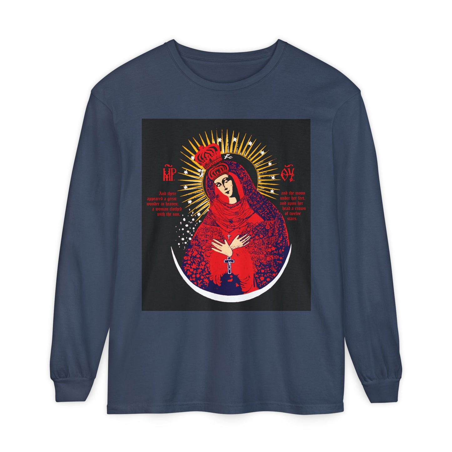 Midnight long-sleeve cotton shirt featuring the "Our Lady the Gate of Dawn Icono-Graphic" design, inspired by Vilnius iconography, with Theotokos crowned in red, blue, and gold—Orthodox Woman of the Apocalypse motif.