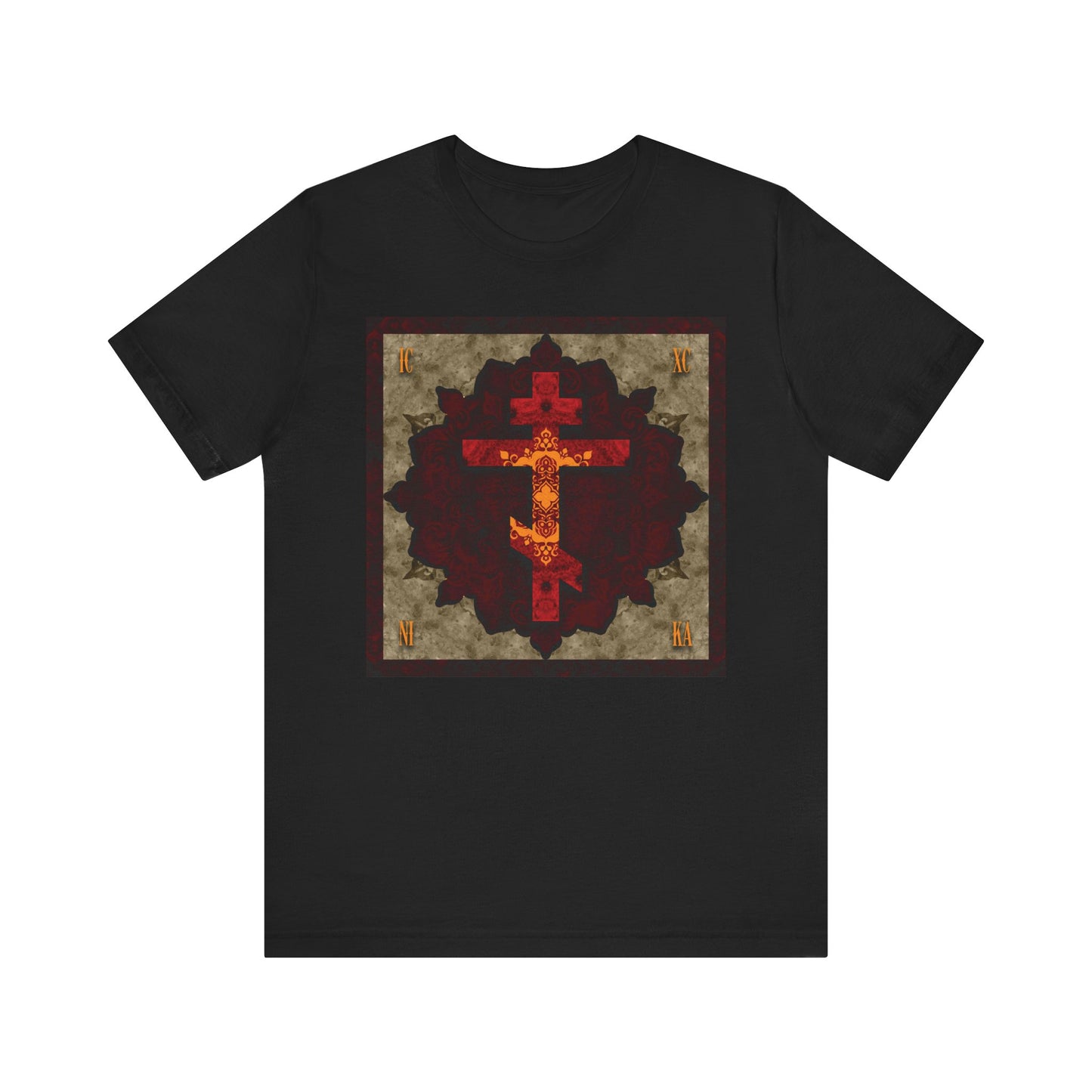 Black ICXC NIKA Artistic Textured Red & Gold Russian Cross Orthodox Christian Lightweight Cotton Unisex T-Shirt, featuring a red and gold ornate cross centered on a patterned square background, inspired by the virtues of St. John of Shanghai and San Francisco.