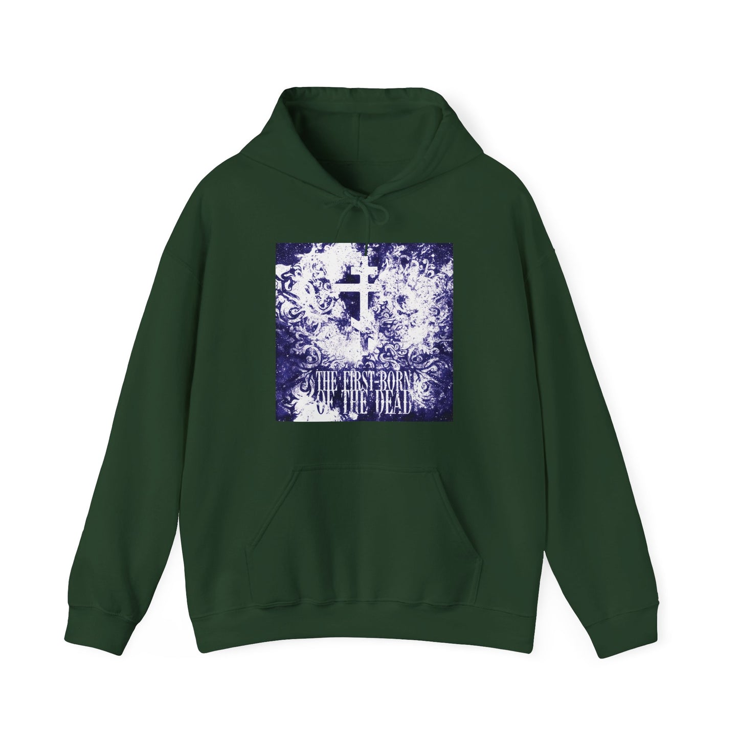 Forest green hoodie featuring a glowing white and blue textured cosmic Orthodox cross and the text “The First-Born of the Dead”—symbolizing resurrection and apocalypse.