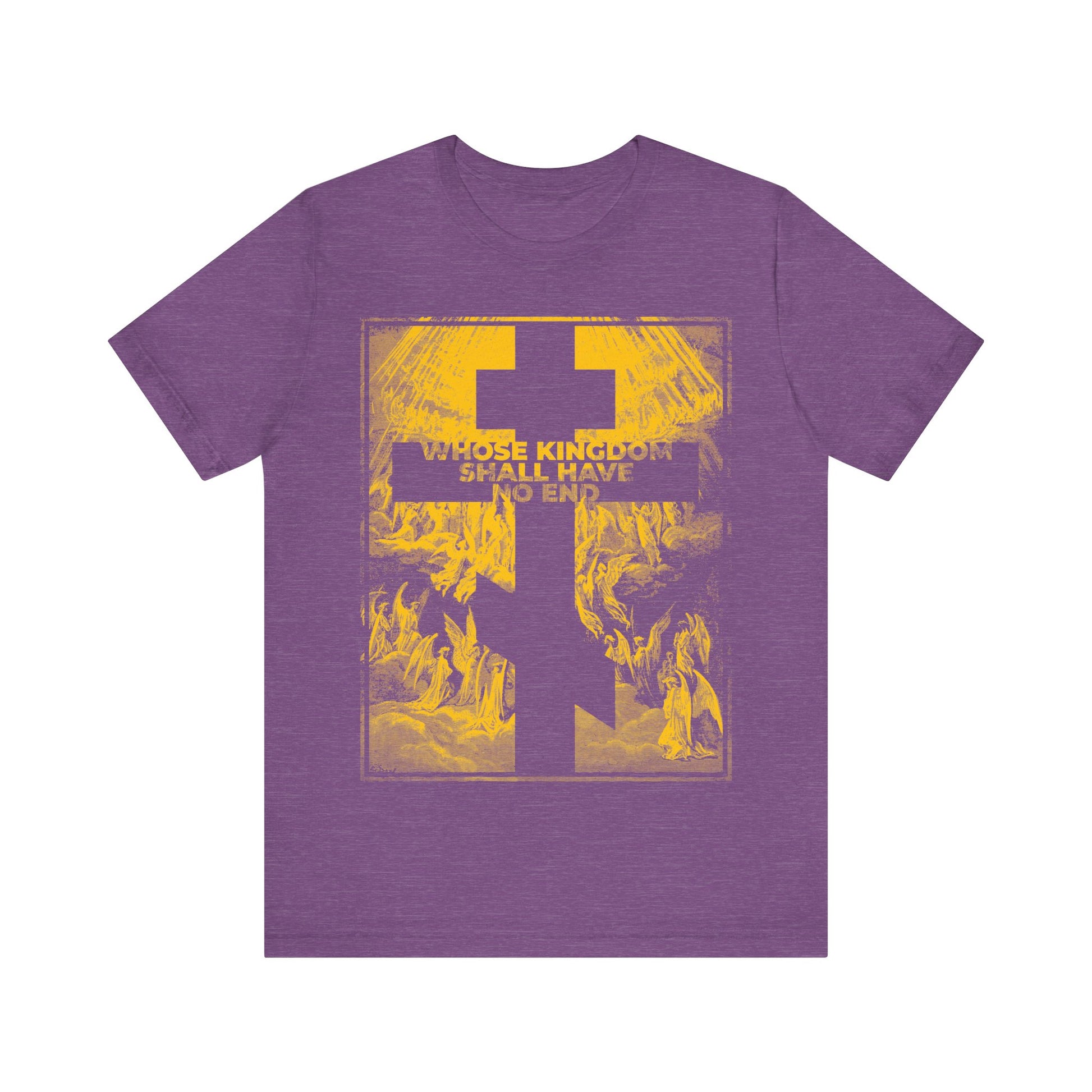 Heather Team Purple Orthodox T-shirt featuring a large yellow cross and "WHOSE KINGDOM SHALL HAVE NO END" on the front, inspired by the Nicene Creed and Gustave Dore's Revelation etching.