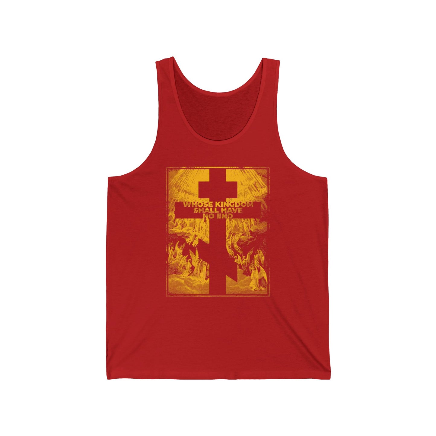 Red tank top featuring “Whose Kingdom Shall Have No End” from the Nicene Creed, inspired by Revelation and Gustave Dore etching—perfect for expressing Orthodox Christian faith.