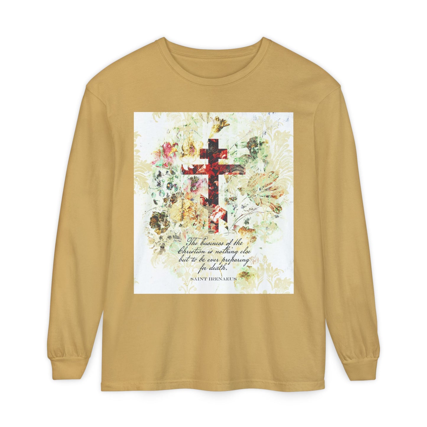Preparing For Death | White & Beige Floral Scrapbook Texture Cross | Arts & Crafts Style | St Irenaeus | Orthodox Christian Long Sleeve Shirt
