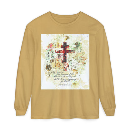 Preparing For Death | White & Beige Floral Scrapbook Texture Cross | Arts & Crafts Style | St Irenaeus | Orthodox Christian Long Sleeve Shirt