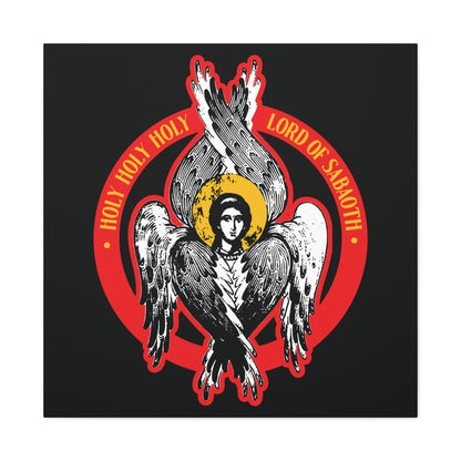 Stylized seraphim angel with six wings and halo in a red circle, featuring the text: HOLY HOLY HOLY LORD OF HOSTS. Inspired by Isaiah 6 and our Orthodox Seraphim Angel IconoGraphic Christian Wall Art, "Holy Holy Holy, Lord of Sabaoth | Lord of Hosts.