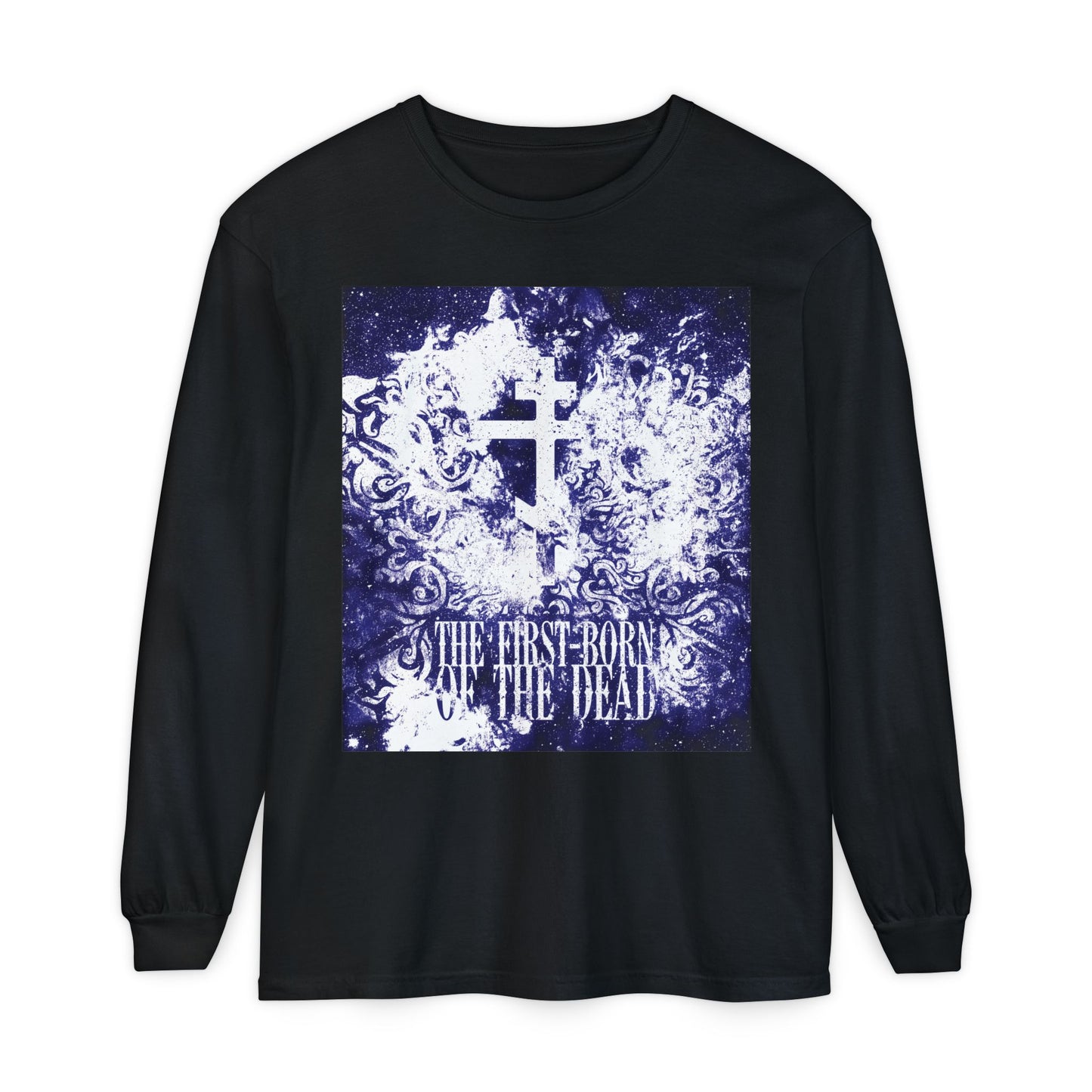 Black long-sleeve cotton shirt featuring a glowing white and blue textured cosmic Orthodox cross with "The First-Born of the Dead" text, inspired by Jesus Christ, resurrection, and apocalypse.