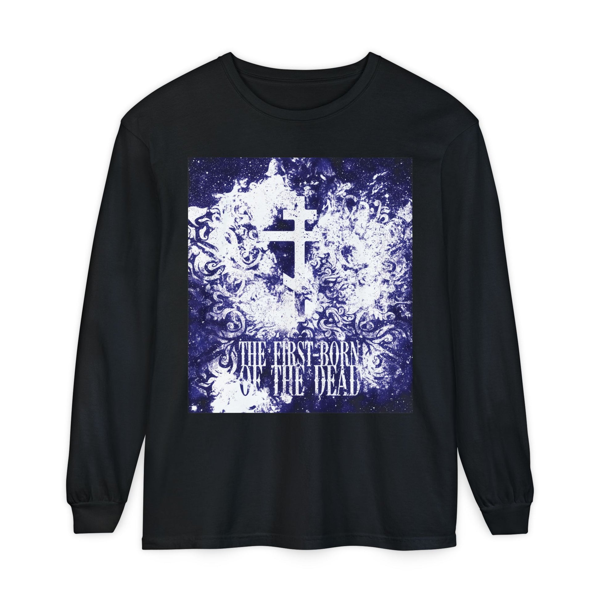 Black long-sleeve cotton shirt featuring a glowing white and blue textured cosmic Orthodox cross with "The First-Born of the Dead" text, inspired by Jesus Christ, resurrection, and apocalypse.