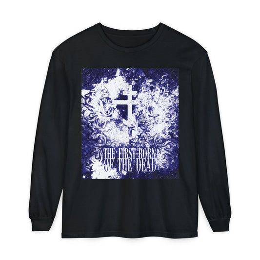 Black long-sleeve cotton shirt featuring a glowing white and blue textured cosmic Orthodox cross with "The First-Born of the Dead" text, inspired by Jesus Christ, resurrection, and apocalypse.