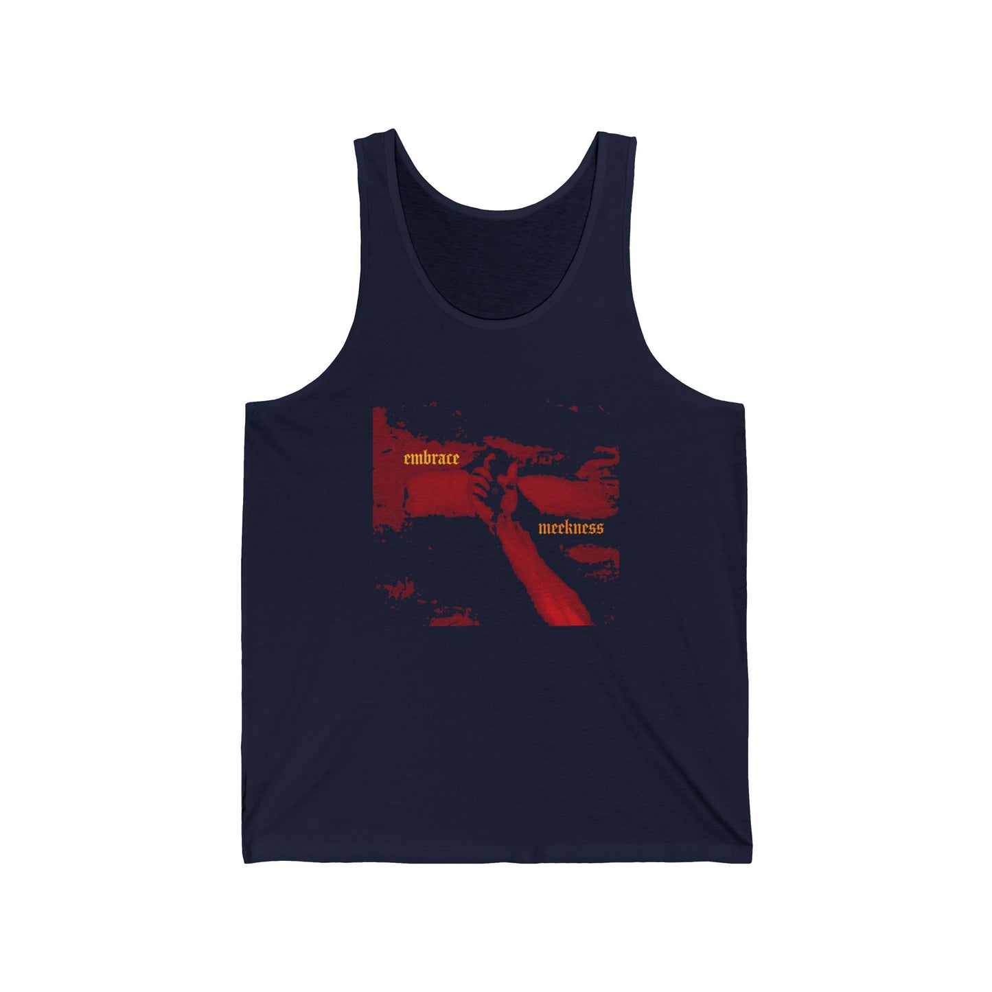 Navy tank top featuring a haunting crucified Hand of Christ graphic in red, yellow "Embrace Meekness" text in gothic font—Christian apparel inspired by kenosis and 'The Meek Shall Inherit the Earth.'.