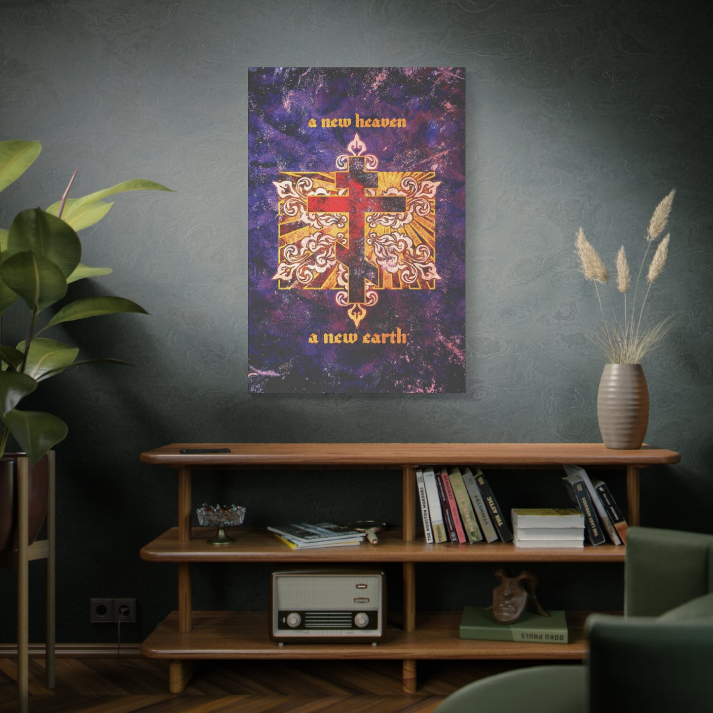 A New Heaven/A New Earth | Red Orthodox Cross on Textured Ornate Background | Christian Canvas Art