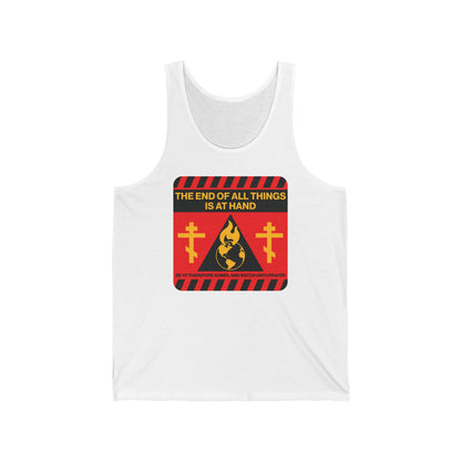 The End of All Things Is At Hand (1 Peter 4:7) | Striking Red and Yellow Street Sign Apocalyptic Aesthetic | Orthodox Christian Tank Top
