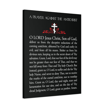 Black canvas wall art featuring a Christian prayer against the antichrist by Elder Anatoly the Younger of Optina, with white text, red cross, and decorative flourishes. Christ is King. Inspired by the Book of Revelation. Orthodox Christian decor.