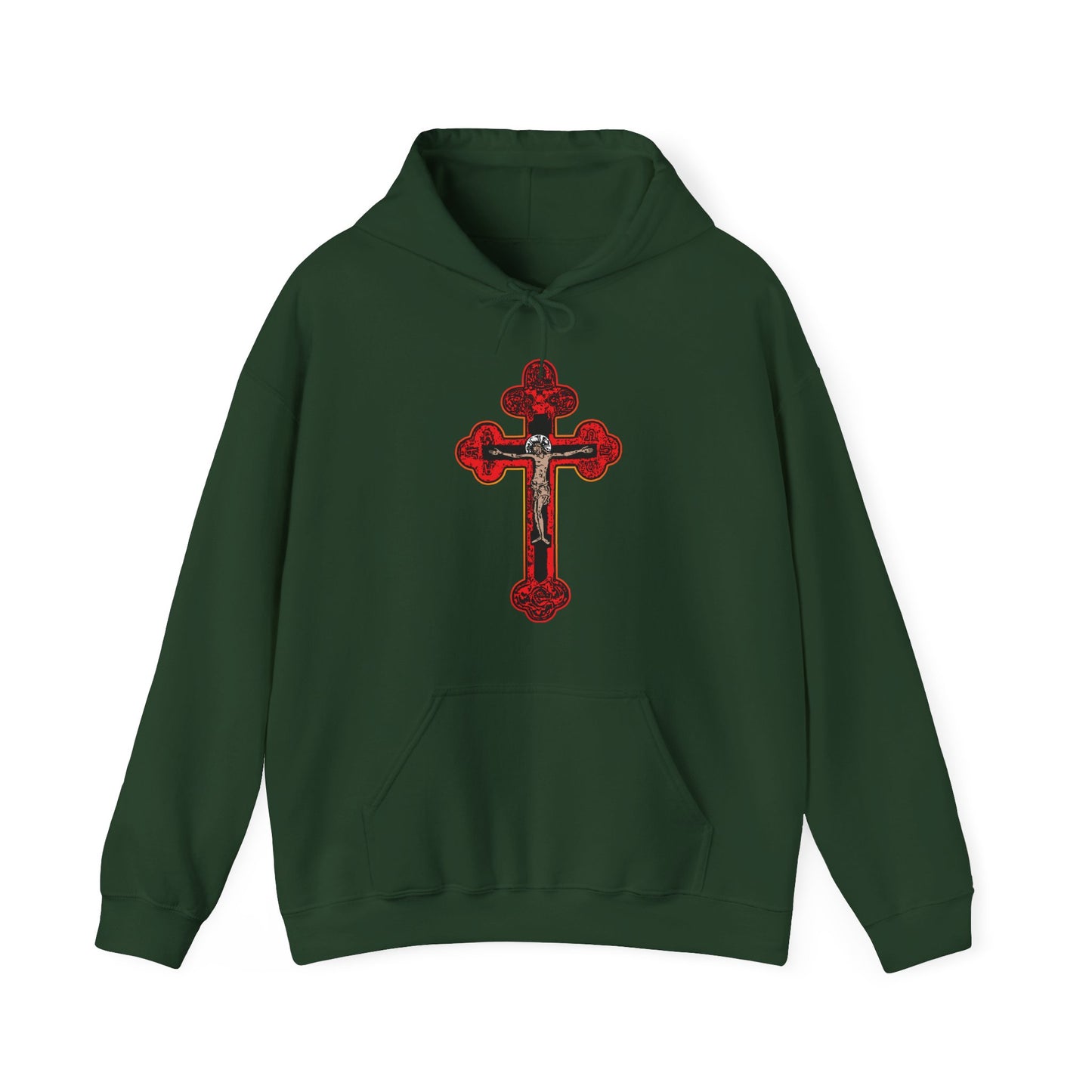 Forest green hoodie featuring a large red Byzantine Golgotha Orthodox Crucifix, with Alpha & Omega design, inspired by "I Am Crucified With Christ" (Isaiah 53:3-5).