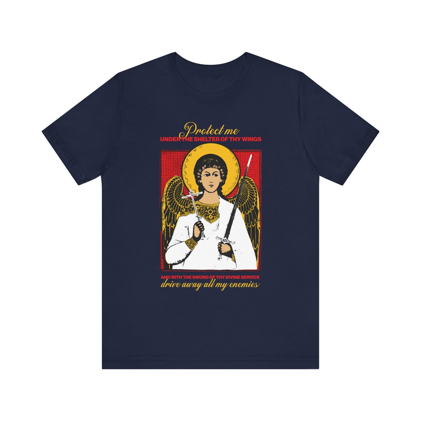 Navy t-shirt featuring a Holy Guardian Angel holding a sword and cross with a protection prayer: "Drive Away My Enemies." Lightweight cotton unisex tee designed to invoke divine guardianship.