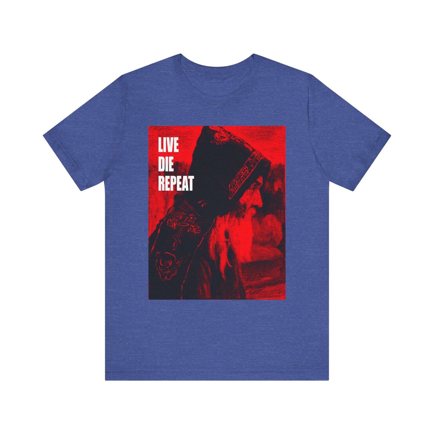 Heather True Royal tee featuring Orthodox monk art by Mikhail Nesterov and the quote "Die Every Day, You Will Live Forever," inspired by St Antony the Great. Lightweight cotton, unisex fit.