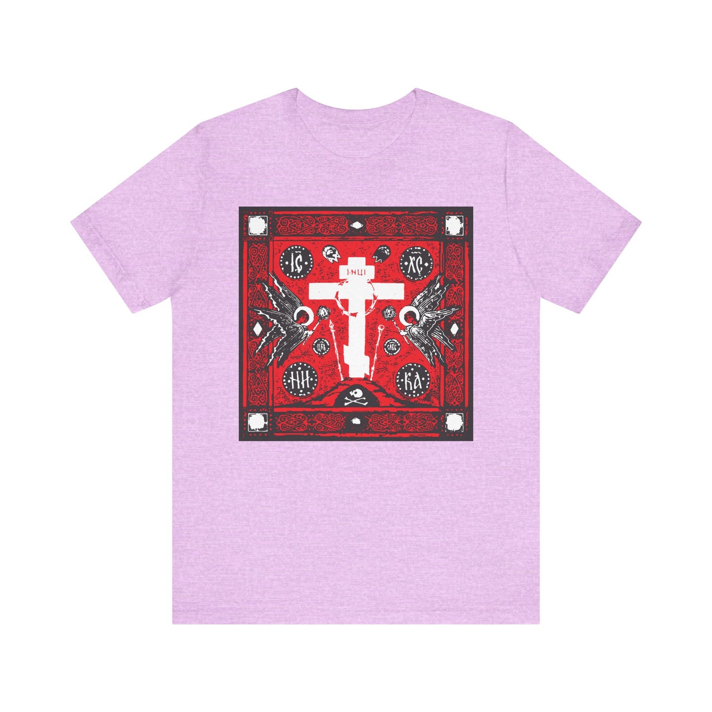 The Adoration of Holy Cross IconoGraphic tee features a striking red, white, and black Russian cross with angels on soft Heather Prism Lilac cotton; lightweight unisex fit.