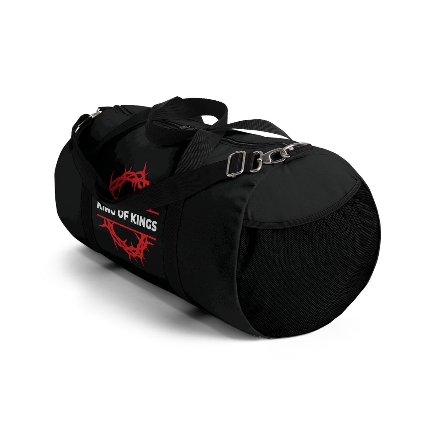Black gym duffel bag with "King of Kings" and a red crown of thorns, inspired by Revelation 19:16. Features bold Christian design: "The King of Glory | Christ is King." Perfect for expressing faith at the gym.