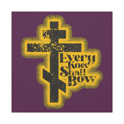 Featuring a cross with floral patterns and “Every Knee Shall Bow” on a purple background, this Christian wall art showcases Philippians 2:10-11 and Isaiah 45:23 in a 70s distressed comic book style.