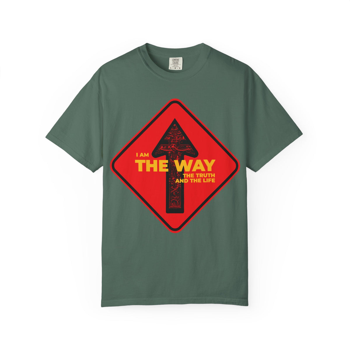 Celebrate your faith with the “Am the Way, the Truth and the Life | Street Sign One Way Arrow Crucifix Design” Orthodox Christian Heavyweight Cotton Unisex Tee in Blue Spruce. This bold t-shirt features a street sign-style upward arrow and powerful text inspired by John 14:6, making it a statement piece that reminds everyone of Jesus’s message as the way, the truth, and the life.
