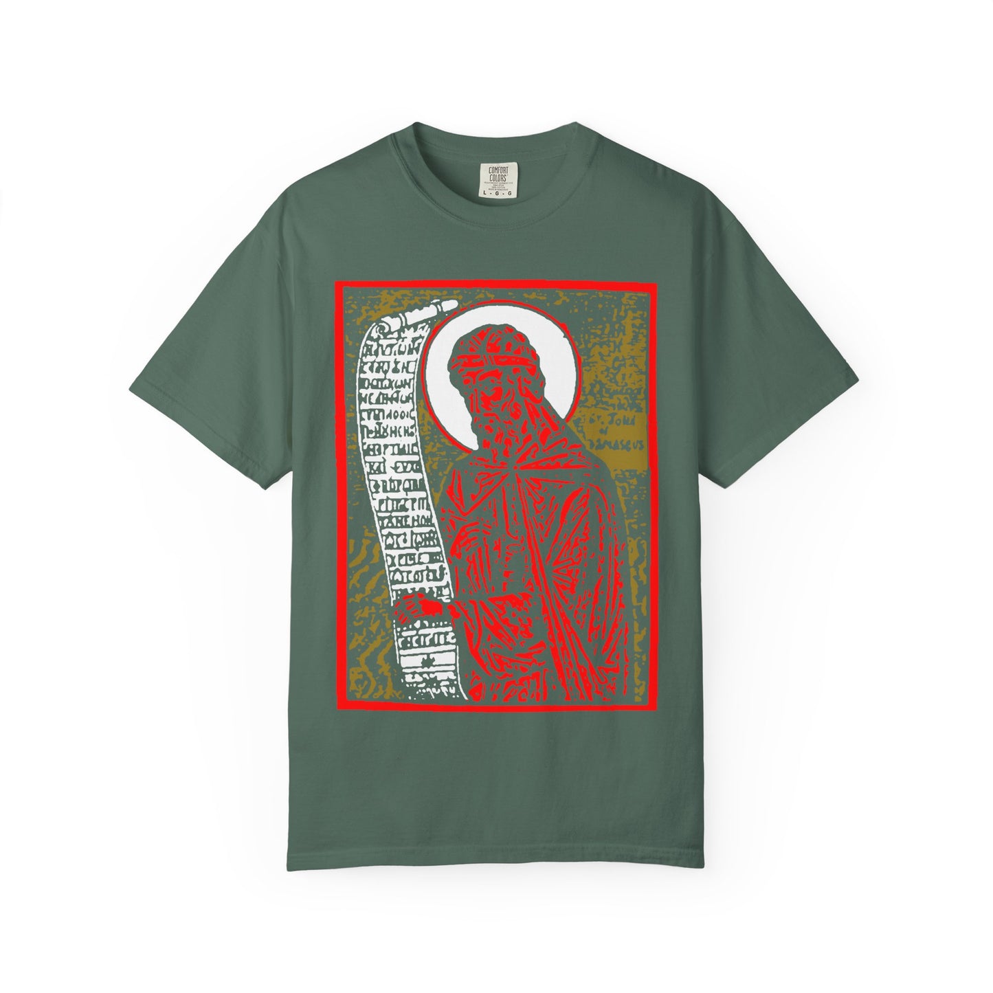 Blue spruce heavyweight cotton tee featuring a high-contrast red, gold, and black icono-graphic of St. John of Damascus, Orthodox saint, holding a scroll—design inspired by Orthodox Christian hymns.
