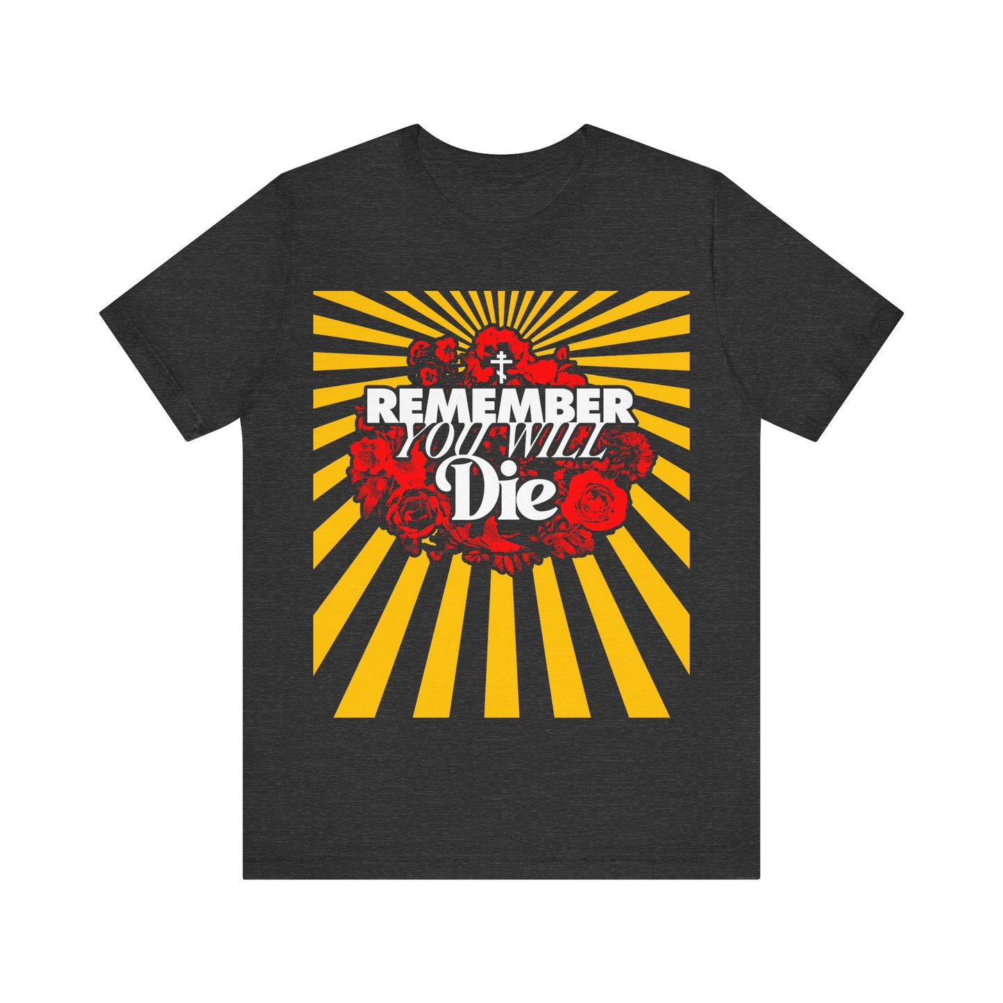 Remember You Will Die Red & Yellow Pop Art Design | Orthodox Cross | Memento Mori | Roses & Rays | Christian Lightweight Cotton Unisex Tee