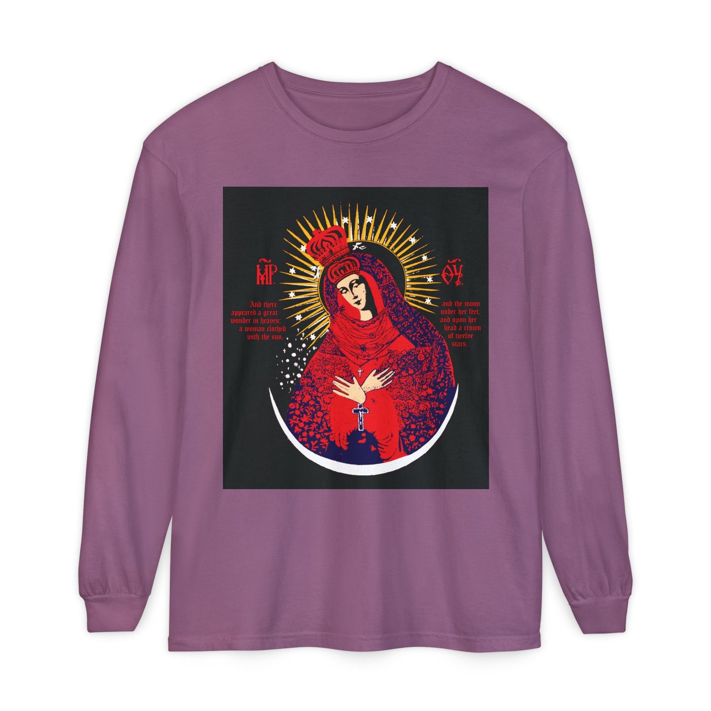 Berry long-sleeve cotton shirt featuring the "Our Lady the Gate of Dawn Icono-Graphic"—a crowned Theotokos in red, blue, and gold, inspired by Orthodox themes and the Woman of the Apocalypse.