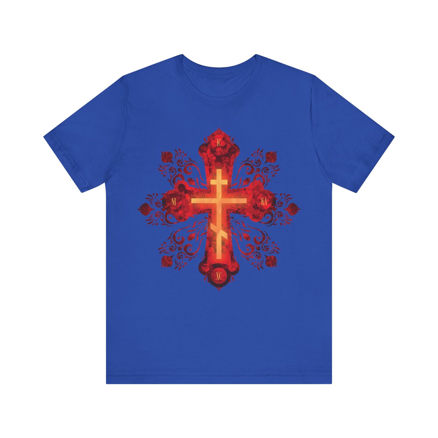 True Royal cotton unisex tee featuring a bold red and gold ornate Russian-style Orthodox cross, inspired by "He was pierced for our transgressions"—a perfect Christian statement piece.