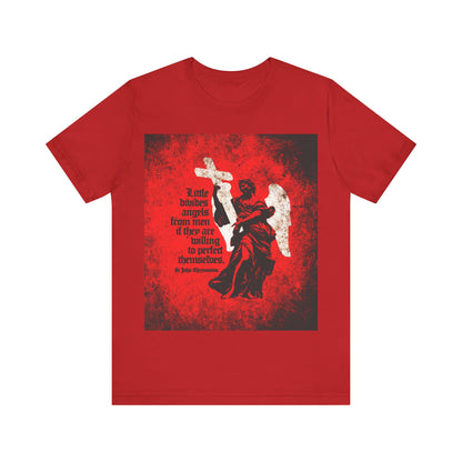 Red “Little Divides Angels from Men” Orthodox Christian T-shirt featuring St John Chrysostom’s quote and a textured cemetery angel image on a red background.