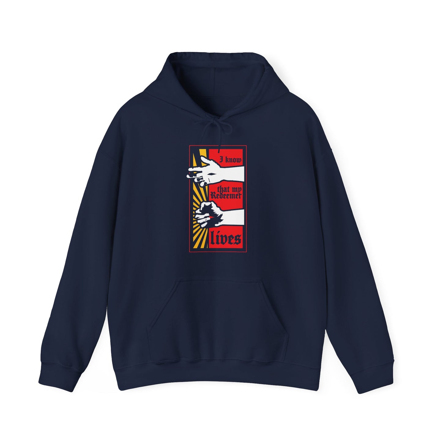Navy "I Know That My Redeemer Lives" (Job 19:25) hoodie features a comic book-style design of resurrected Jesus’ fist with divine power, in bold red and yellow—an Orthodox Christian reminder that we will see God.