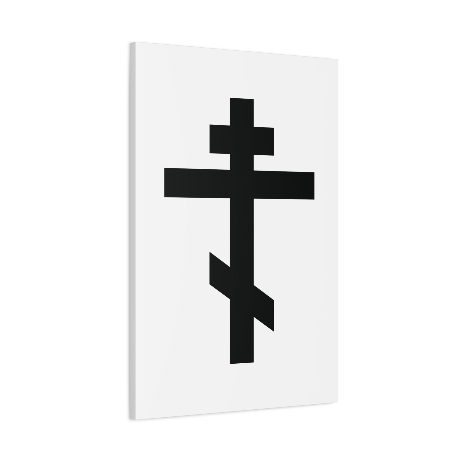 Black Orthodox Cross White Background | 'May I never boast, except in the cross of our Lord Jesus Christ' (Gal 6:14) canvas art features a three-bar cross symbolizing Christian faith and hope of immortality.