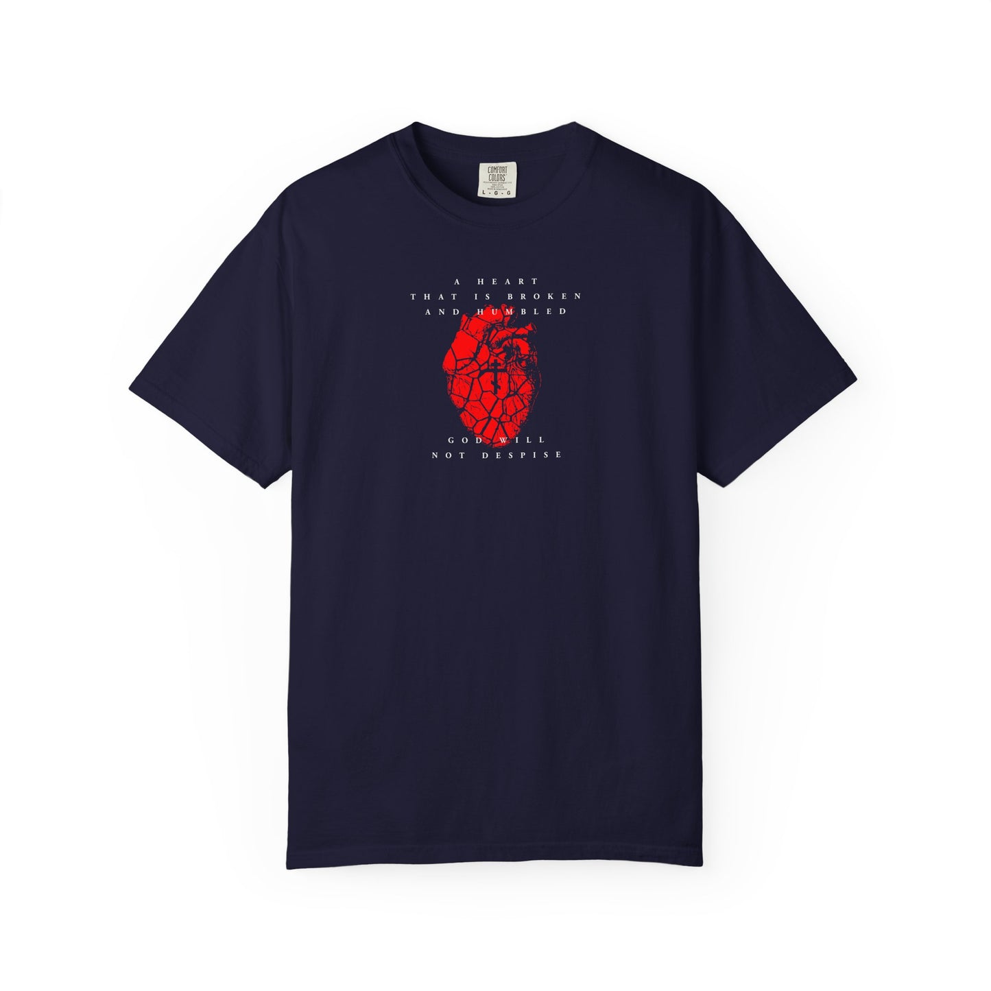 True Navy heavyweight unisex tee featuring a cracked heart with an Orthodox cross, inspired by Psalm 51 and the message: "A heart that is broken and humbled God will not despise.