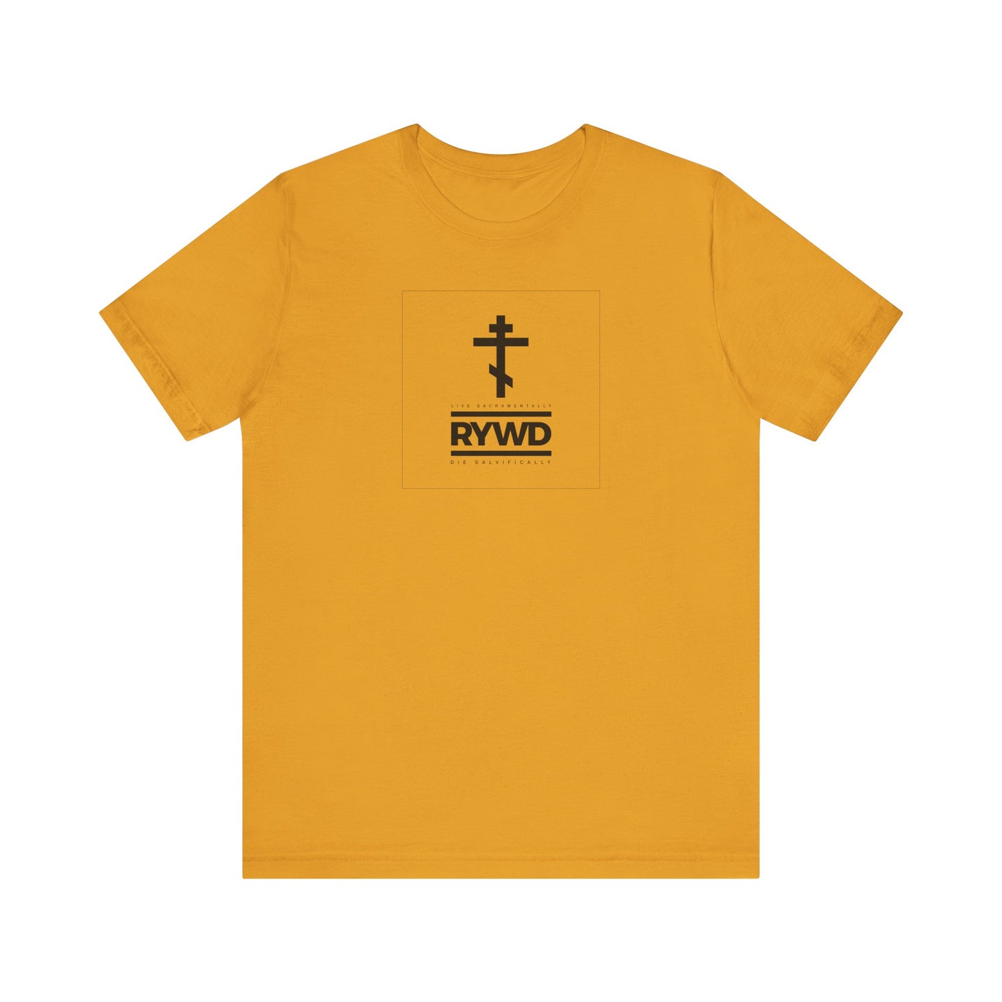 Mustard unisex cotton tee featuring a minimalist black cross above the text "RYWD (Remember You Will Die)" with additional small text beneath—"Live Sacramentally, Die Salvifically"—serving as a subtle Orthodox Christian reminder for daily remembrance.