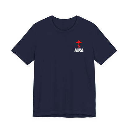Navy Orthodox Cross T-shirt with bold NIKA text in a small design—NIKE logo mashup, symbolizing "Jesus Christ Conquers." Athletic ascetic Christian fashion.