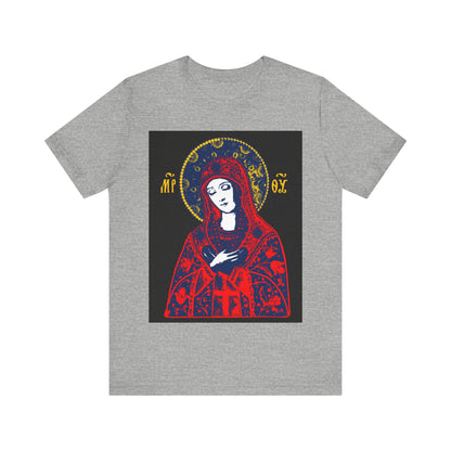Athletic Heather t-shirt with a bright red Joy of All Joys Tenderness Theotokos icon, inspired by traditional Orthodox iconography.