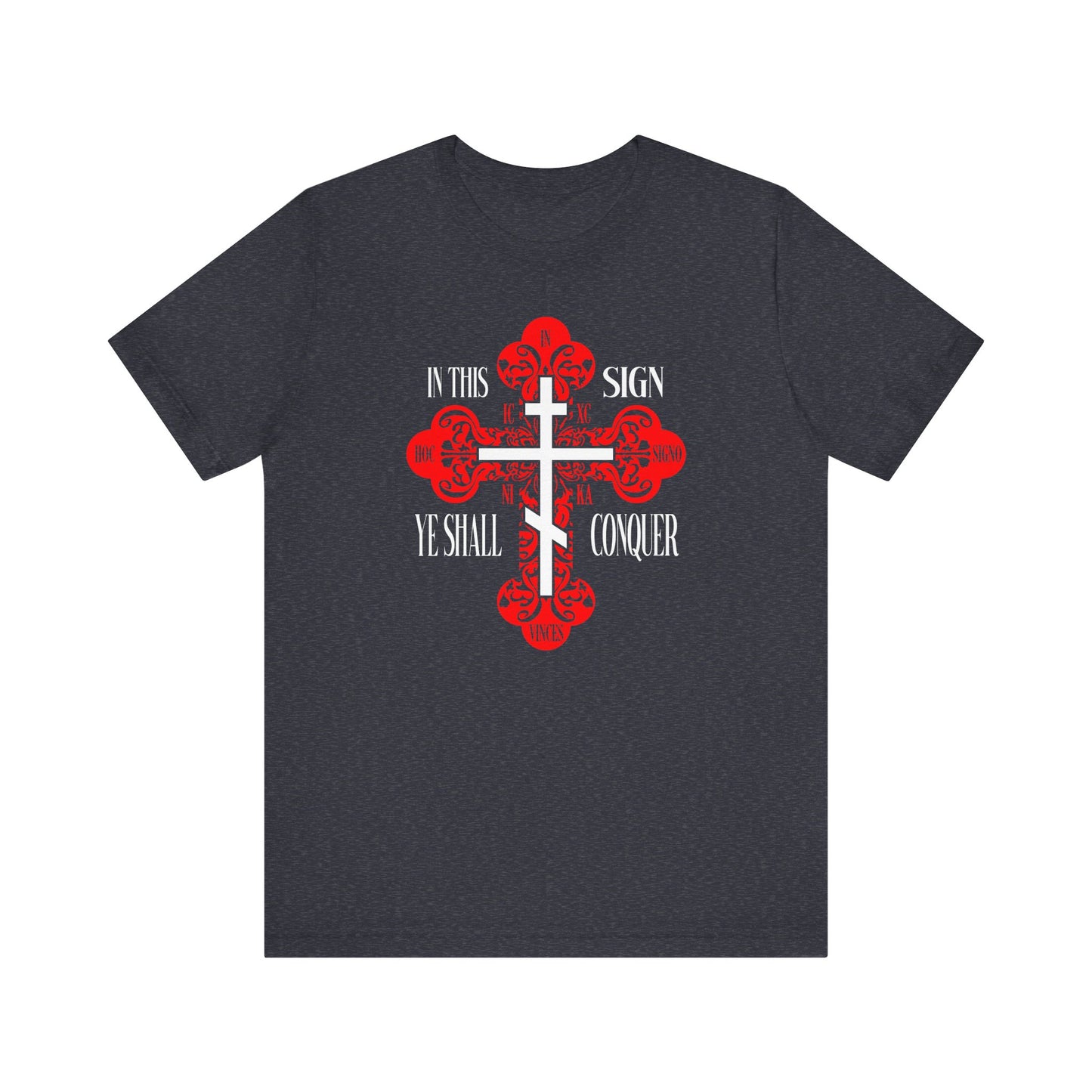 Heather navy unisex tee featuring an ornate Orthodox cross and the words "In This Sign Ye Shall Conquer" (In Hoc Signo Vinces)—a striking statement for those devoted to faith and victory in Christ.