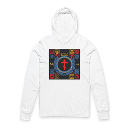 Let All Adverse Powers Be Crushed (Red, Yellow & Blue Design) | ICXC NIKA | Medieval Tile Design | Orthodox Long Sleeve Hooded Shirt