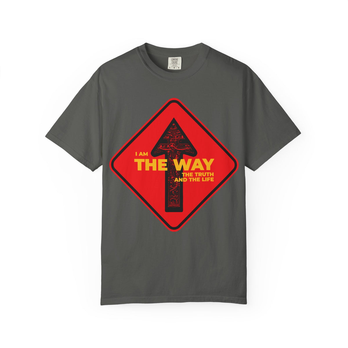 Pepper-colored heavyweight cotton unisex tee, featuring a bold red one-way arrow street sign and the message “Am the Way, the Truth and the Life” in striking yellow text—Orthodox Christian design inspired by John 14:6, affirming Jesus as the way, the truth, and the life.