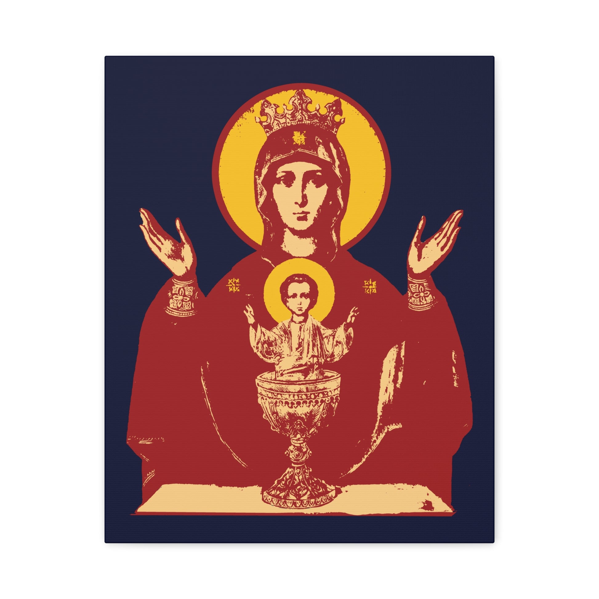 Icon-style image of the Holy Theotokos IconoGraphic of the Inexhaustible Chalice—Deliverer from Addictions and Conqueror of Passions—Orthodox Christian wall art featuring Mary with Jesus over a chalice.