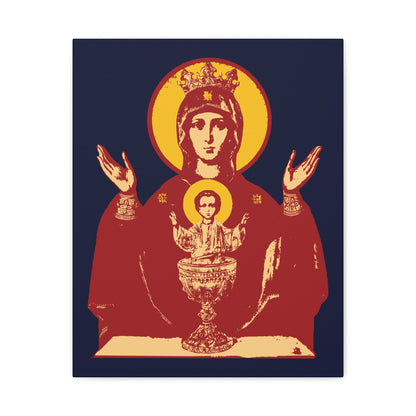 Icon-style image of the Holy Theotokos IconoGraphic of the Inexhaustible Chalice—Deliverer from Addictions and Conqueror of Passions—Orthodox Christian wall art featuring Mary with Jesus over a chalice.