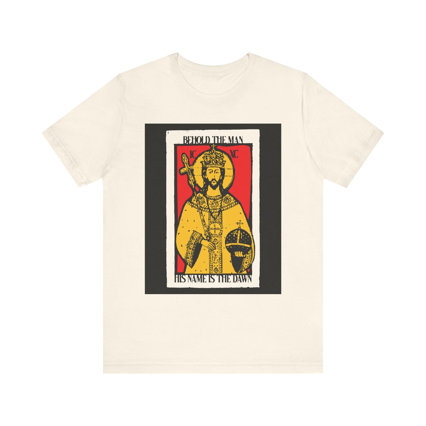 Natural cotton unisex tee featuring a red and yellow Christ icon-graphic and the text "Behold the Man, His Name is the Dawn" (Zechariah 6:12 LXX); Messianic-inspired, lightweight, comfortable fit.