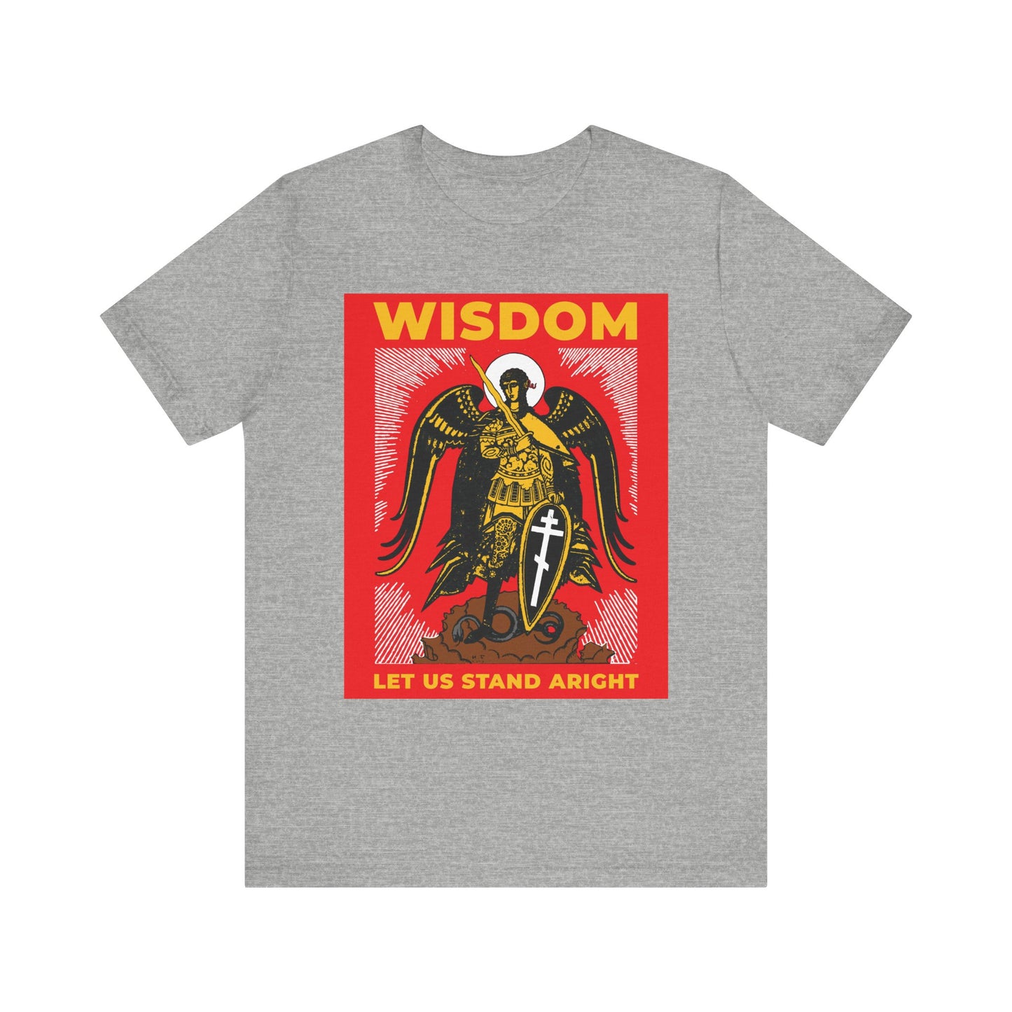 Athletic Heather unisex tee featuring a Russian illustration of Archangel Michael with sword and shield, inspired by Revelation 12’s war in heaven, plus “WISDOM LET US STAND ARIGHT” in bold red and yellow text.