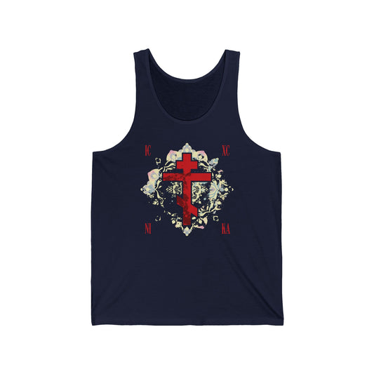 Navy ICXC NIKA Means Jesus Christ Conquers tank top featuring a textured red Orthodox cross with a medieval floral background—an Orthodox Christian design.