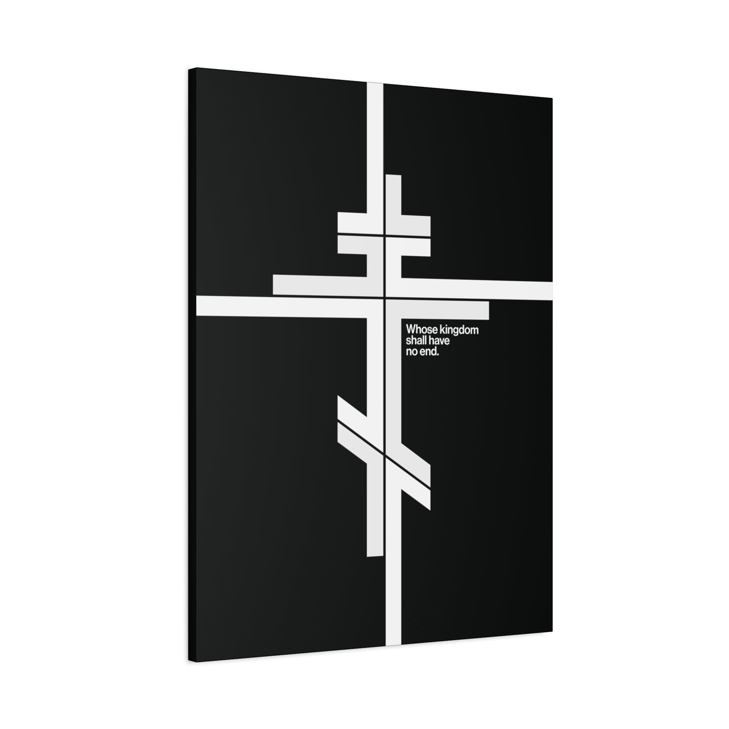 The "Whose Kingdom Shall Have No End" canvas features a white Orthodox Cross on black in a modernist minimalist style, with text from Luke 1:32-33, expressing the enduring kingdom of Christ in Orthodox doctrine.