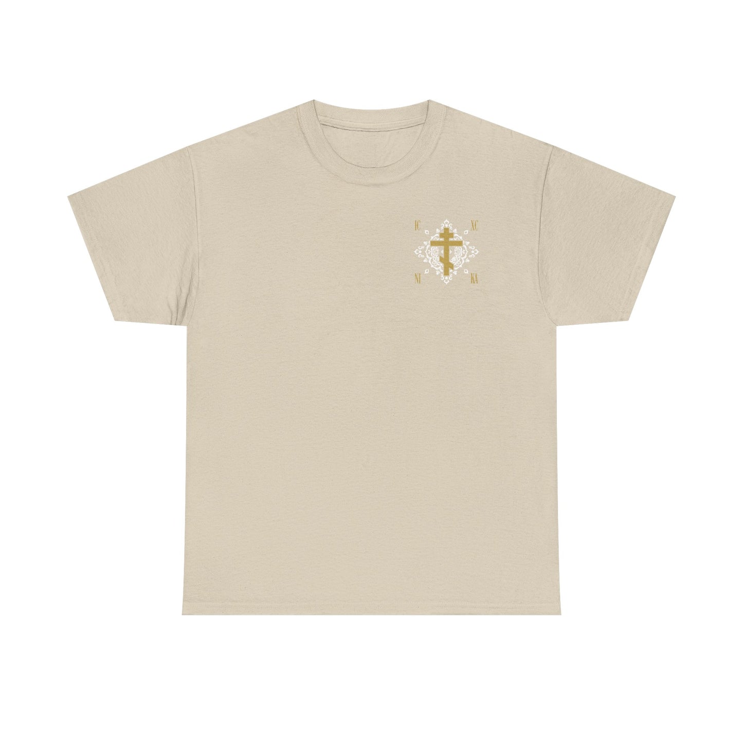 Gold Orthodox Cross ICXC NIKA  (Small Design) | White Medieval Ornate Floral Pattern | Jesus Christ Conquers | Midweight Cotton Unisex Tee